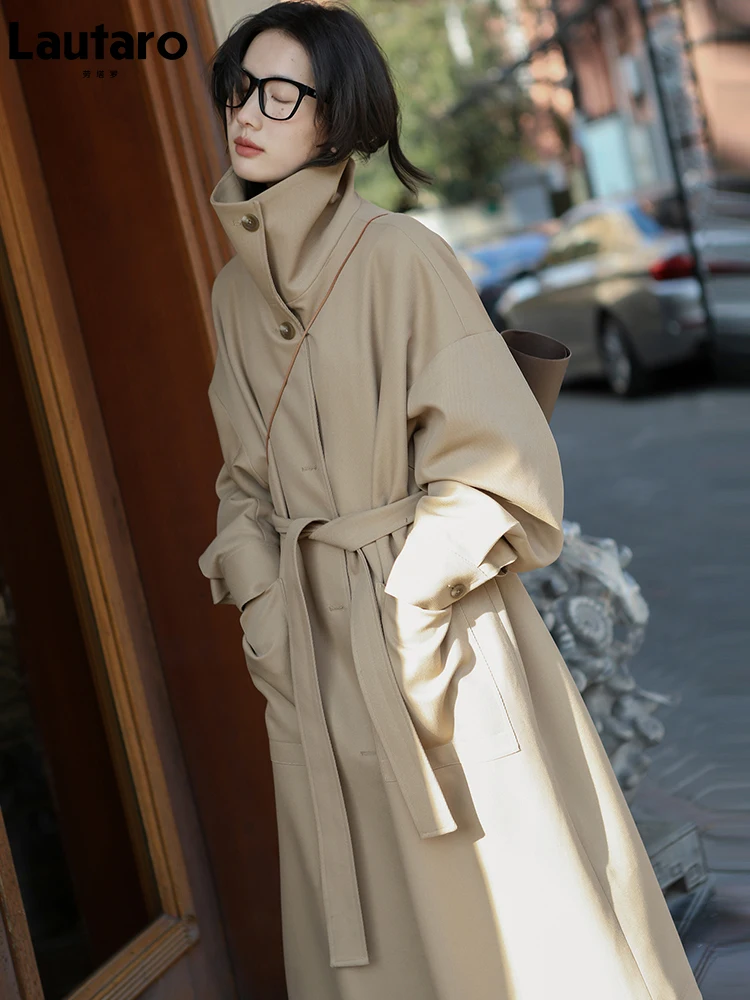 Lautaro Весенне-осенний тренч цвета хаки для женщин с заниженным плечом и длинным