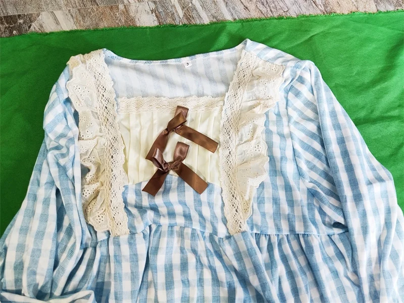 Women's Pajamas Set Sexy Plaid Princess Cute Sleepwear Lace Bow Pyjama Big Size Sweet Cozy Homewear Full Sleeve Shirt