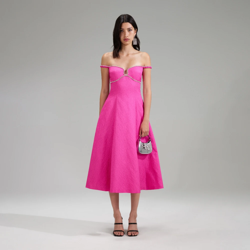 

Женское платье-миди с открытыми плечами, светильник-розовое текстурированное ажурное расклешенное платье с открытыми плечами, 2023