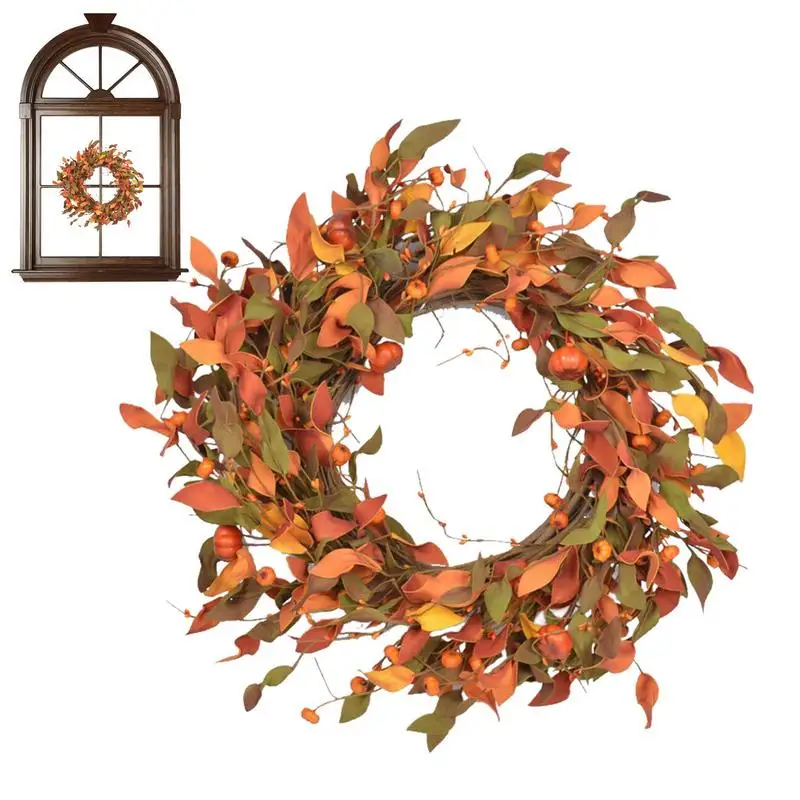 

Pumpkin Wreath Decorations 19.7 Inches Artificial Wreaths Leaves Berries Pumpkins Halloween Party Supplies Harvest Festival