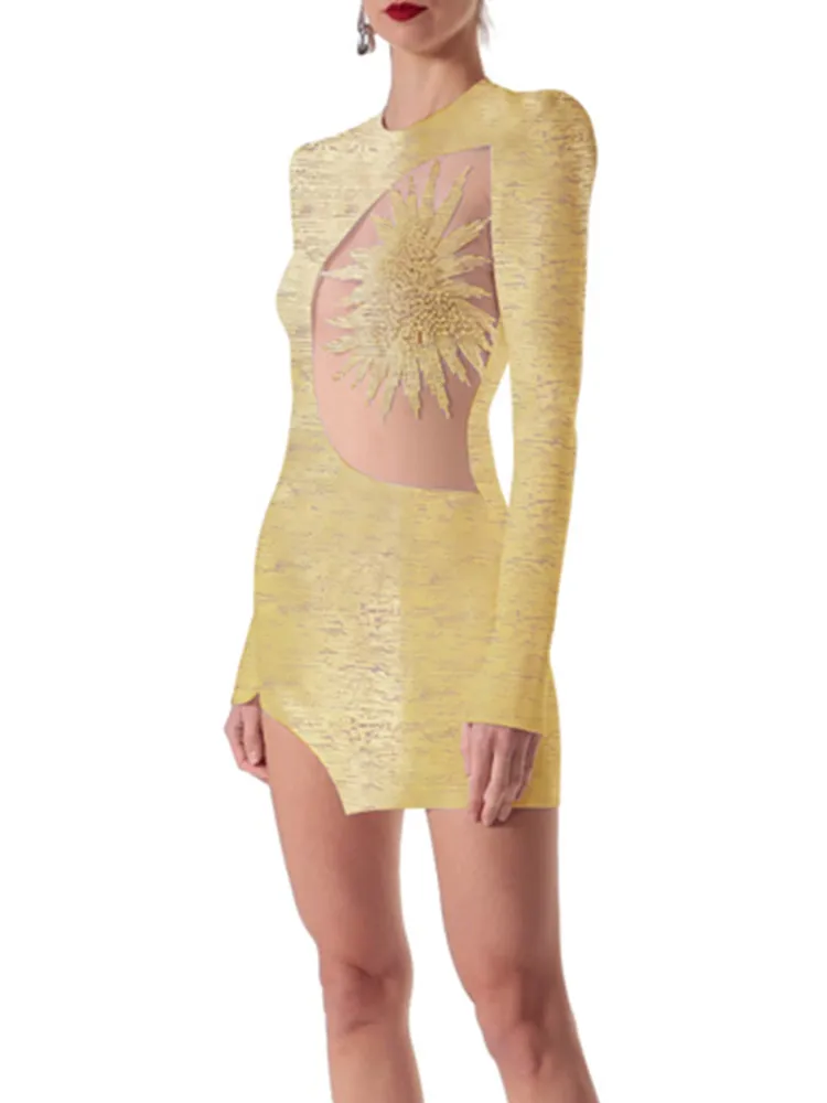 

Женское зимнее сексуальное Сетчатое платье с длинным рукавом и блестками, украшенное бисером, бронзовое Золотое мини-платье, Бандажное платье 2023, элегантное вечернее Клубное платье