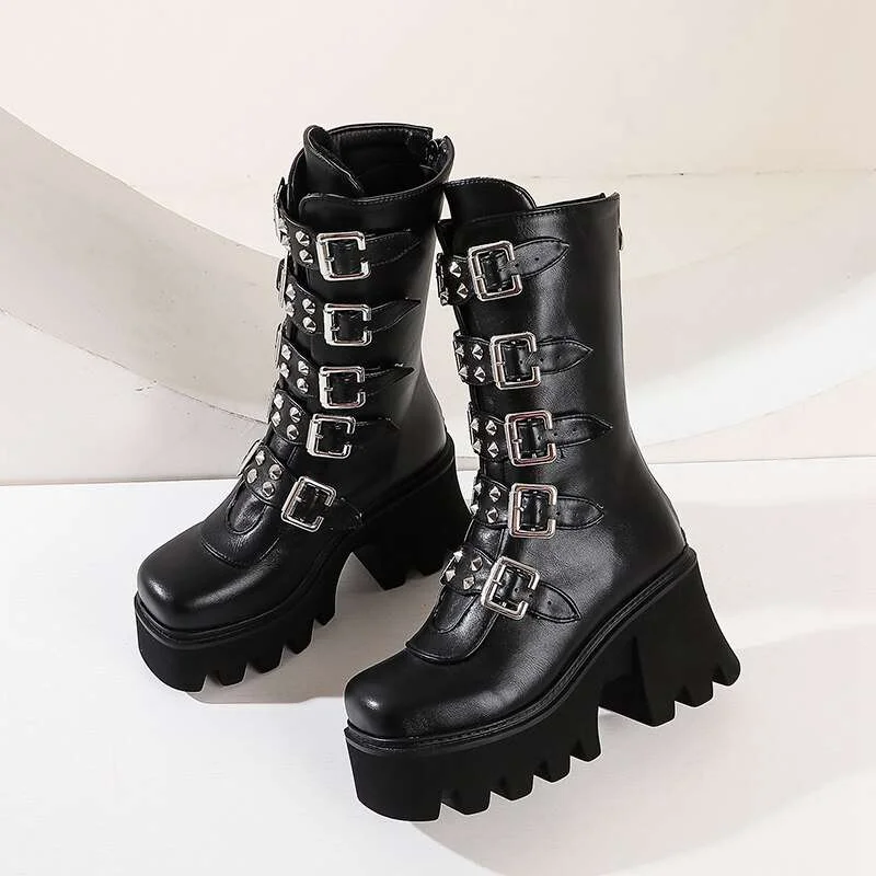 

Sexy Square Women's Winter High Boots Leather Gothic Buckle Black Punk Style Square Heel Platform Shoes Female Zapatos De Muje43