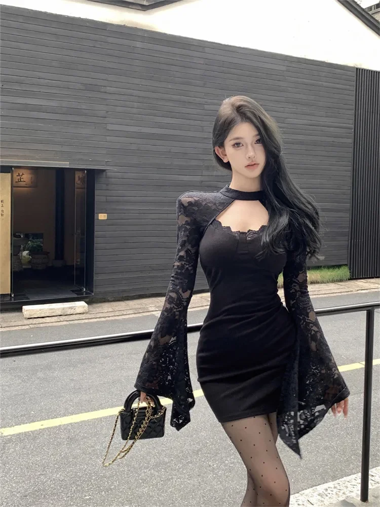 Маленькое черное платье в ретро-стиле средневековья для женщин модное кружевное