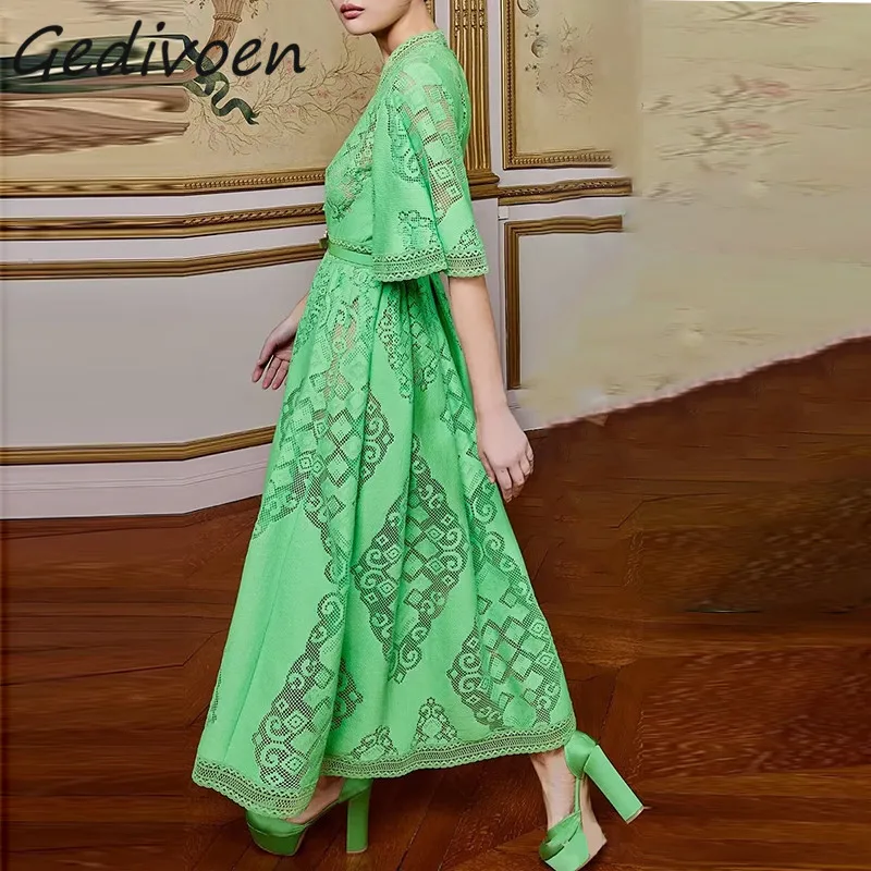 

Gedivoen Summer Fashion Runway Vintage Party Green Dress Women's Flare Sleeve Lace Spliced Hollow Out High Waist Slim Long Dress