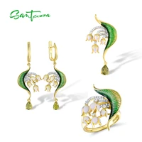 santuzza 925 sterling silver jewelry set for women green gems white cz enamel flower delicate earrings ring pendant handmade