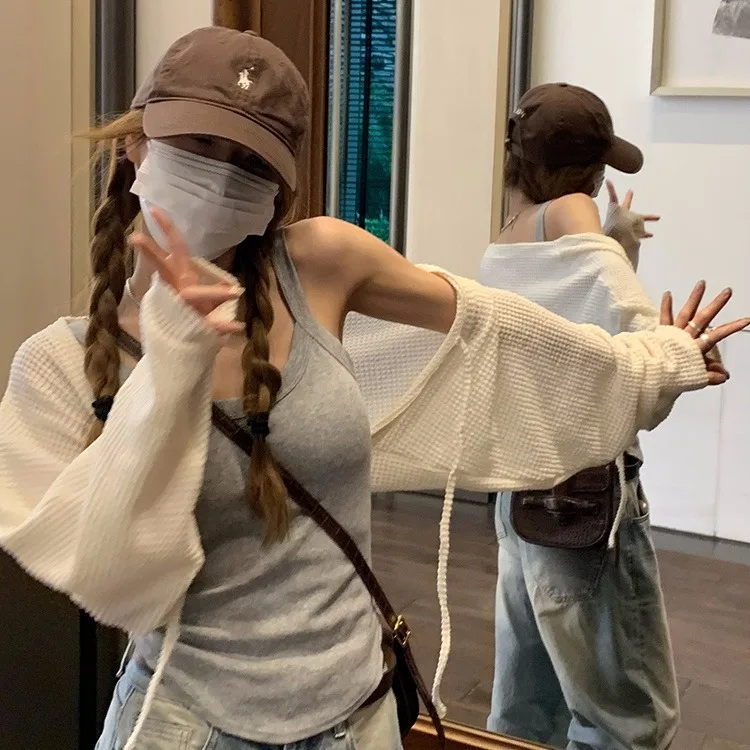 Винтажные модные вафельные черные вязаные топы женские летние новые