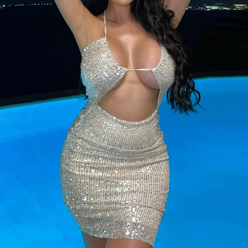 Женское блестящее мини-платье с блестками открытой спиной и шнуровкой лето 2023