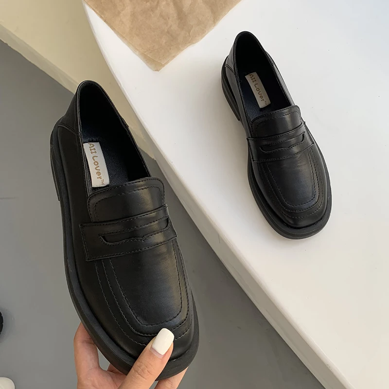 

Creepers Preppy Small Leather Shoes Woman Flats Square Toe Solid Oxfords Thick Heels Loafers Ladies Slip On Shallow Derby Shoes