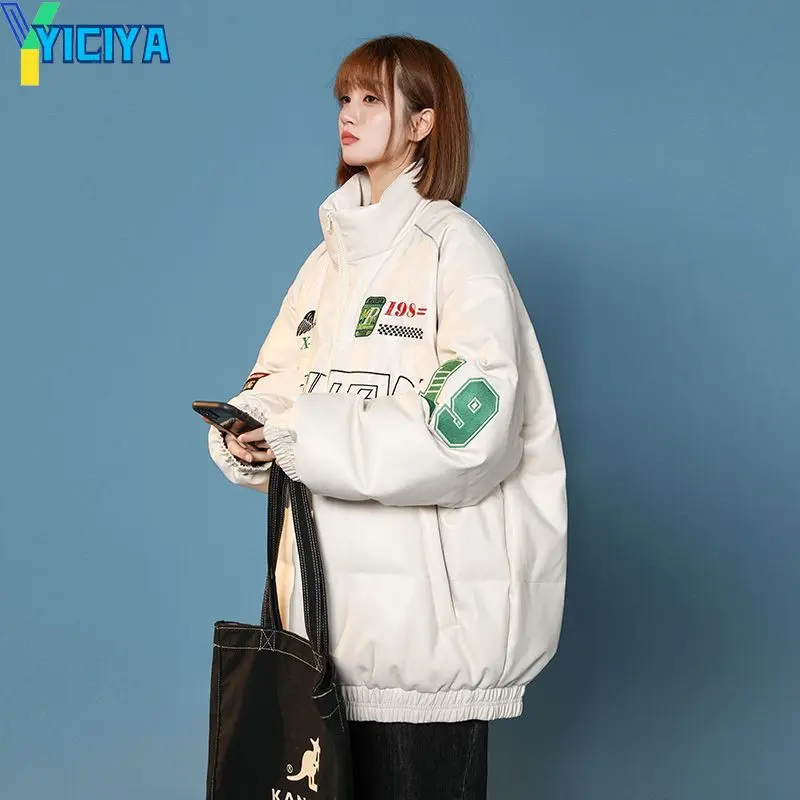 YICIYA Women's Winter Leather Jacket Parkas Streetwear Letter Print Thicken Warm Coats Men Fashion Casual Loose Padded Outerwear