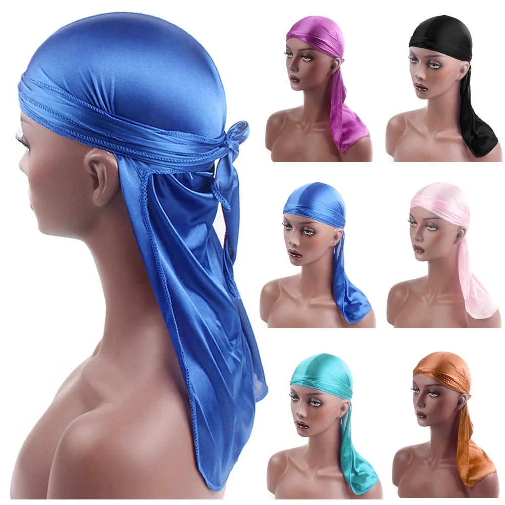 

Unisex Silk Durag Bandana Adjustable Pirate Hat Pre-Tied Elastic Turban Hijab Fashion Headwrap Chemo Cap Cancer Head Scarf