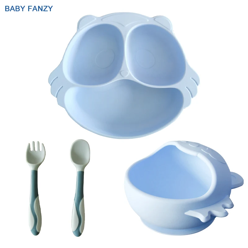 

Baby Plates Bowls Spoons Tableware Forks Set Soft Full Silicone Non-slip Cute Raccoon Feeding Food for Kids BPA Free Dishes