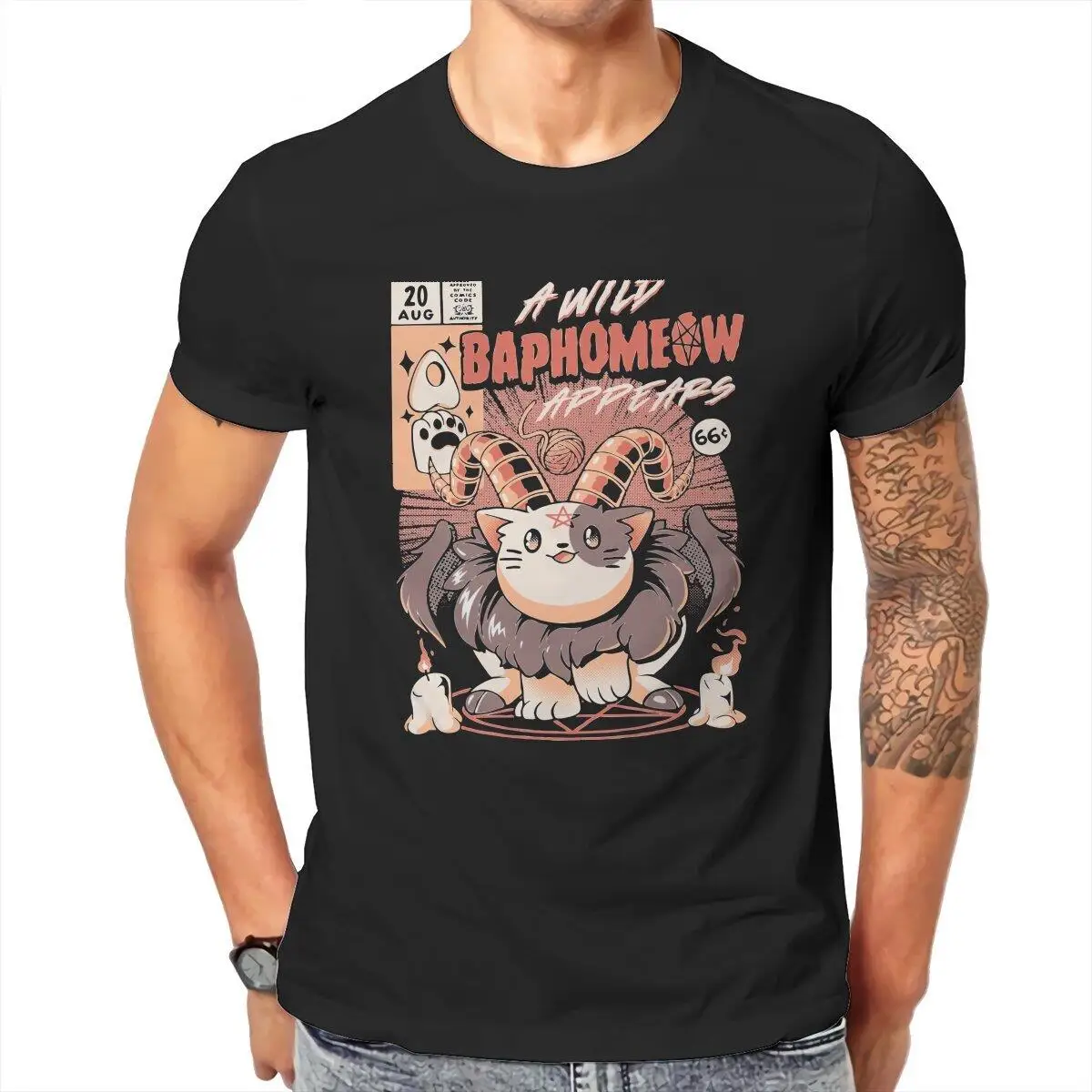 Baphomeow  Men's T Shirts Evil Baphomet Cat Casual Tees Short Sleeve O Neck T-Shirts Cotton Gift Idea Clothing