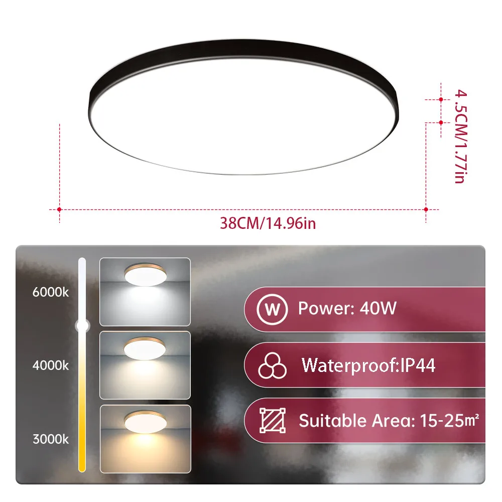 

Светодиодный потолочный светильник, ультратонкий потолочный светильник, IP44, водонепроницаемый, 220 В, 18 Вт/30 Вт/40 Вт, для помещения, спальни, ванной комнаты, гостиной, светодиодное освещение