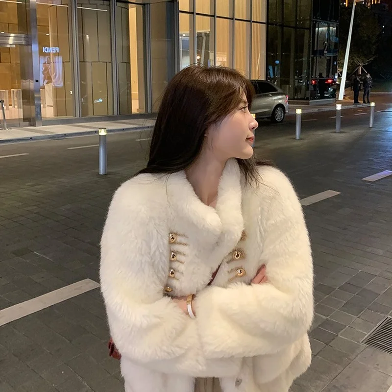 White Teddy Jacket Fluffy Faux Fur Coat Winter Fashion Furry Cropped Teddy Bear Jackets for Women Basic Solid Shaggy Cardigan
