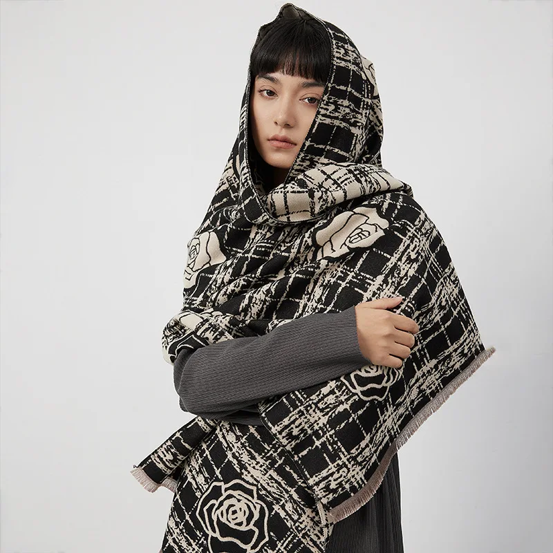 

New Winter Cashmere Scarf Women Houndstooth Shawl Wrap Design Warm Bandana Thick Blanket Female Echarpe Pashmina Foulard 2023