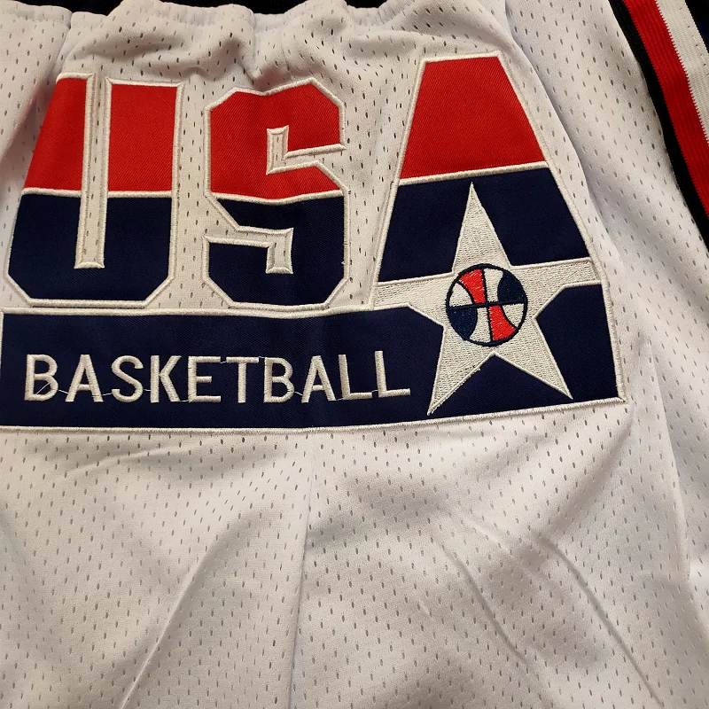Basketball Shorts USA 1992 Zipper four pockets Sewing Embroidery Outdoor Sport Shorts High-Quality Beach Pants WHITE Blue 2023