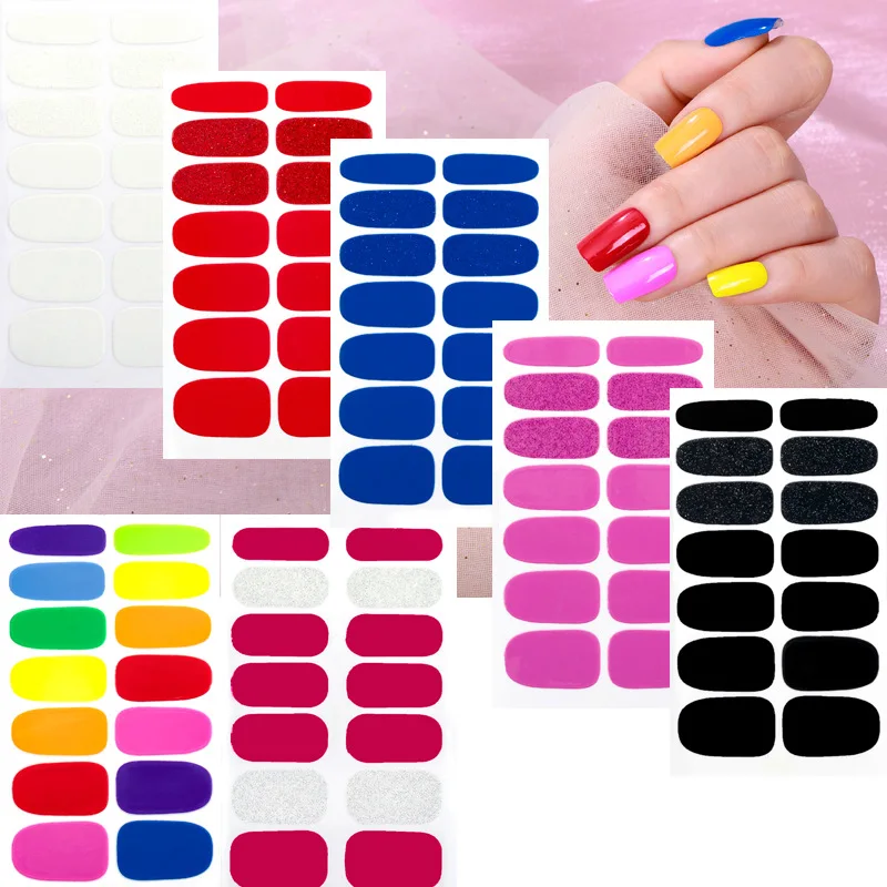 

7 Sheets x 14PCS Mix Pure Colors Glitter Powder Full Length Adhesive Nail Art Stickers Decals Manicure Accessories Ornaments