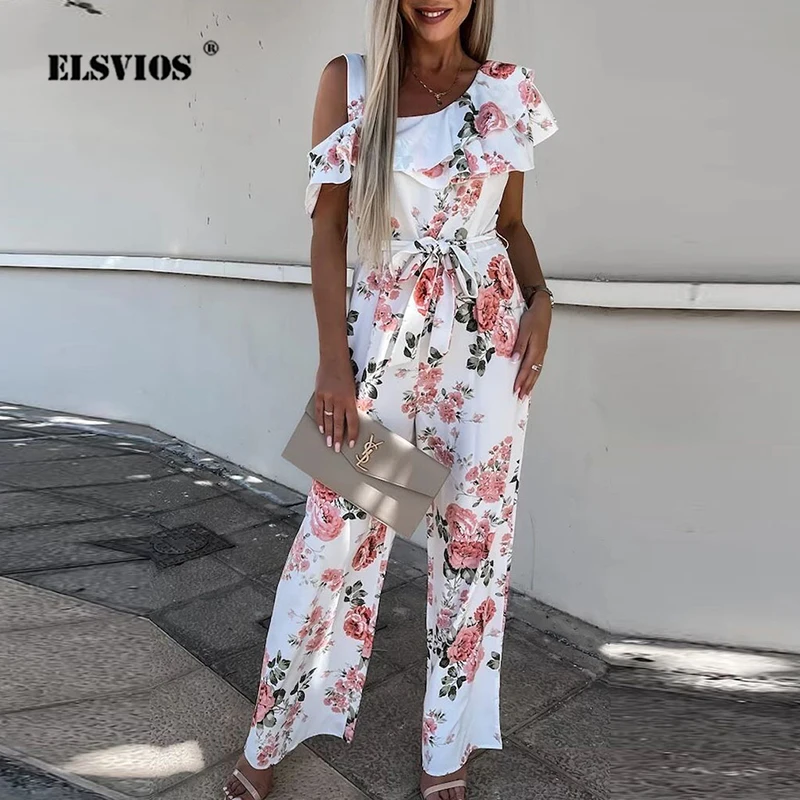 

Fashion Streetwear Women's Jumpsuits Casual Flower Printed Short Sleeves Slim Lace-up Playsuits Summer Elegant Wide-leg Trousers