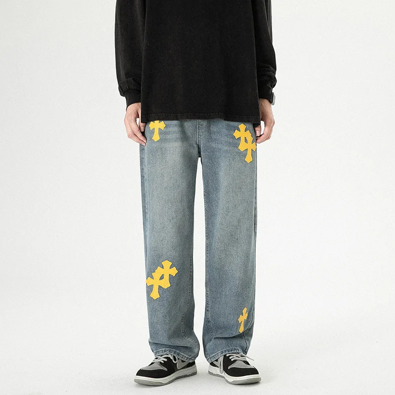 Four Seasons High Street Loose Casual Jeans Men's Street Straight Embroidered Cross Pants Jeans Men's Loose Wide Leg Jeans Men