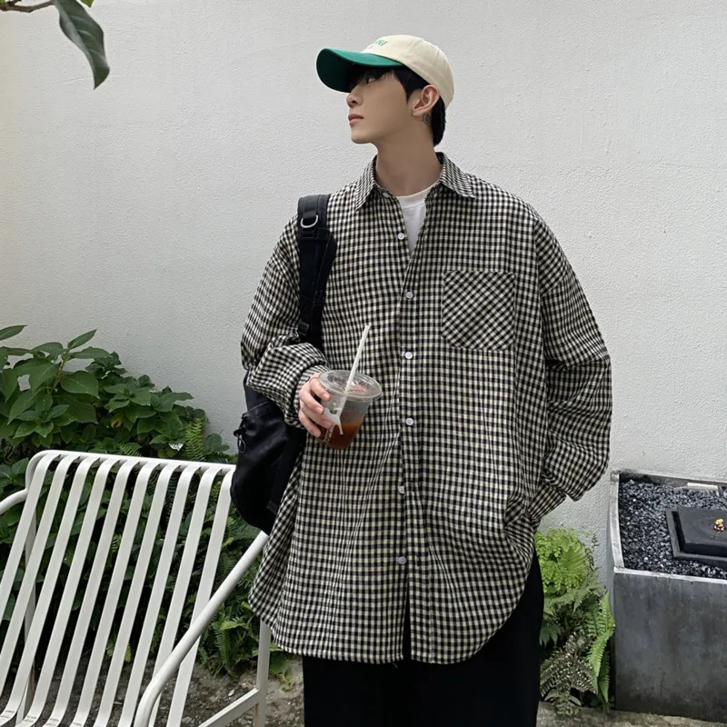 

Рубашка мужская повседневная в клетку, модная Свободная блуза в Корейском стиле, деловая уличная одежда с длинным рукавом, весна