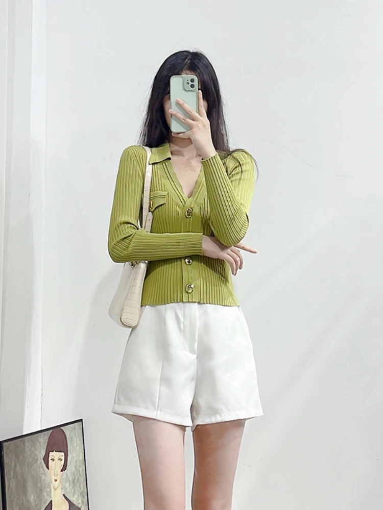 Avocado Green V-neck Ribbed Knitted Sweater 2022 Summer New French Style Slim Simple Cardigan Tops Women Free Shipping
