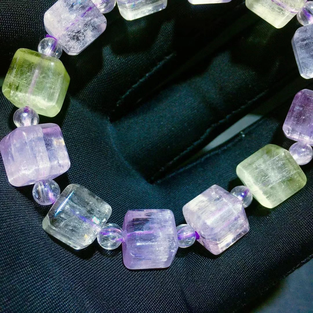 

Natural Purple Kunzite Crystal Clear Cube Beads Bracelet 11mm Cat Eye Women Men Green Kunzite Bracelet Big Size AAAAAA