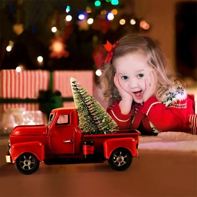 

Christmas Red Metal Truck Kids Gift Vintage Truck with Movable Wheel Table Decor