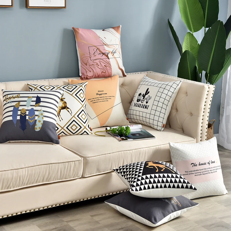 

Cartoon Geometric Cushion Black White Plaid Stripe Printing Pillowcase Lumbar Pillow for Home Sofa Chair Decorative Pillowcases