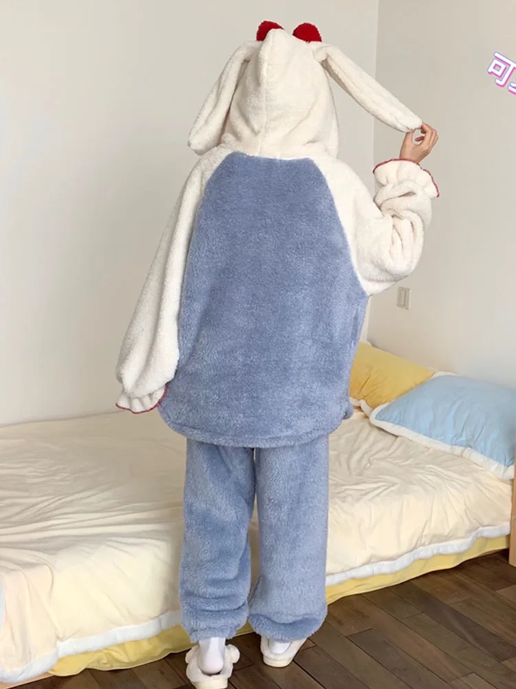 KIMOKOKM Sweet Princess Style Tracksuit Kawaii Bow Hooded Soft Full Sleeve Top Coral Fleece Pajamas Home Girly Two-Piece Suit