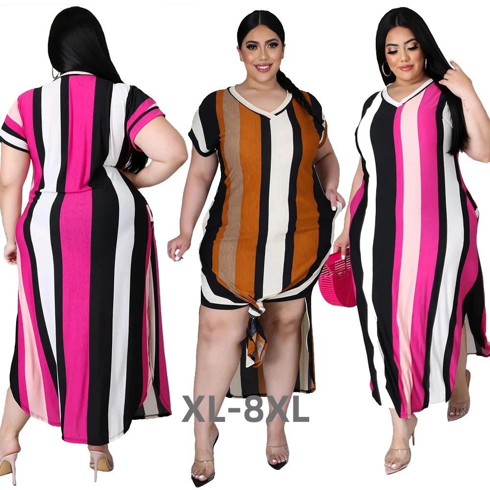Plus Size Dress Women Summer Holiday Wholesale v Neck Striped Slip Hem Elegant Party Maxi Dresses Polye 3xl 4xl 5xl 6xl