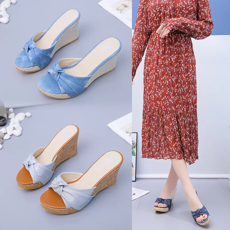 

Slippers Women Summer Female Shoes Heeled Mules Slides Peep Toe Platform On A Wedge Butterfly-Knot Fashion 2023 High Luxury Rubb