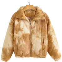 2022 womens new color lapel solid color tie dye thickening warm fashion casual cotton coat