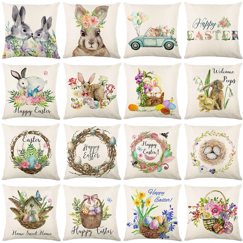 

Весенний Пасхальный домашний декор, наволочка с принтом цветов, кроликов, яиц, наволочка, пасхальные украшения, квадратная льняная наволочка