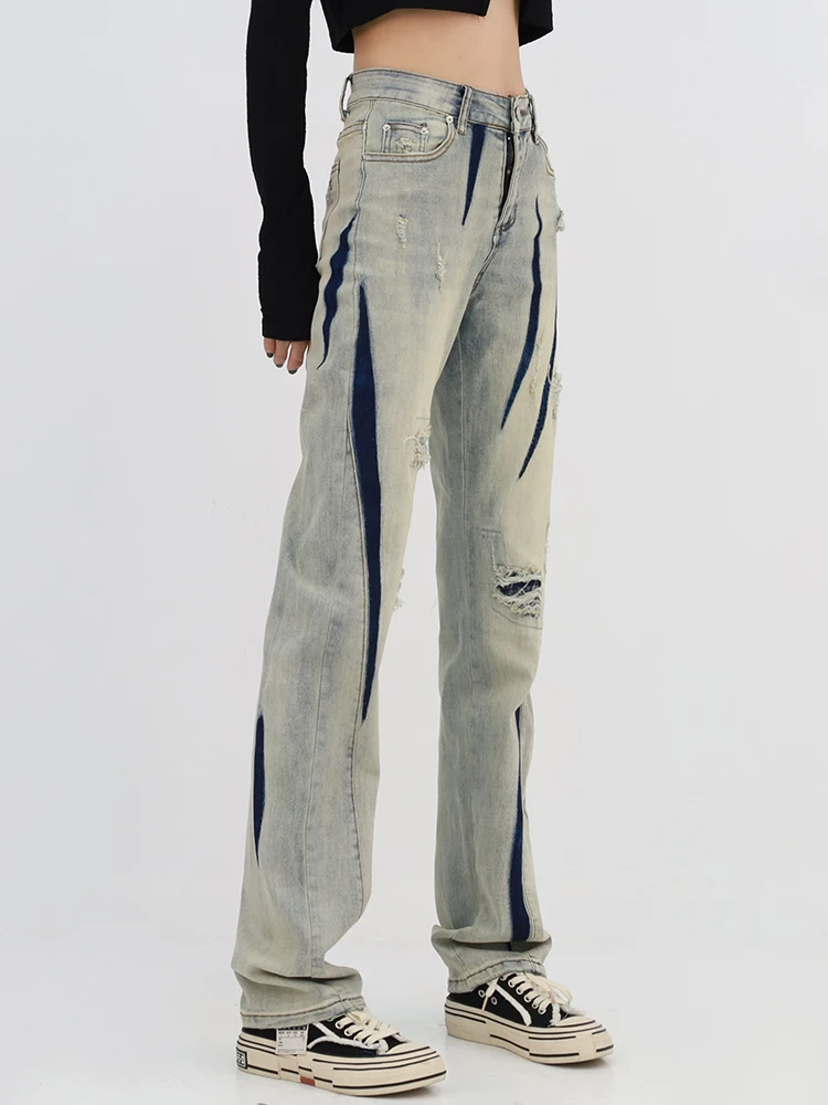 

Women's Streetwear Classic Ripped Jeans New Fashion High Waist Patchwork Straight Mopping Denim Trouser Vintage Wide Leg Pants