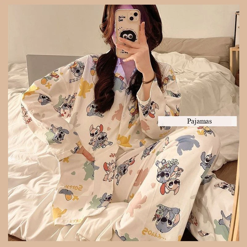 

Woman Disney Stitch Pajamas Cute Cartoon Anime Sleepwear Set Autumn Female Sleep Two Piece Set Lady Loungewear Plus Size Gifts