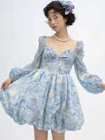 ledp summer dresses elegant floral chic mini dress starry night printed women lantern sleeve ruffles ladies dress vestidos