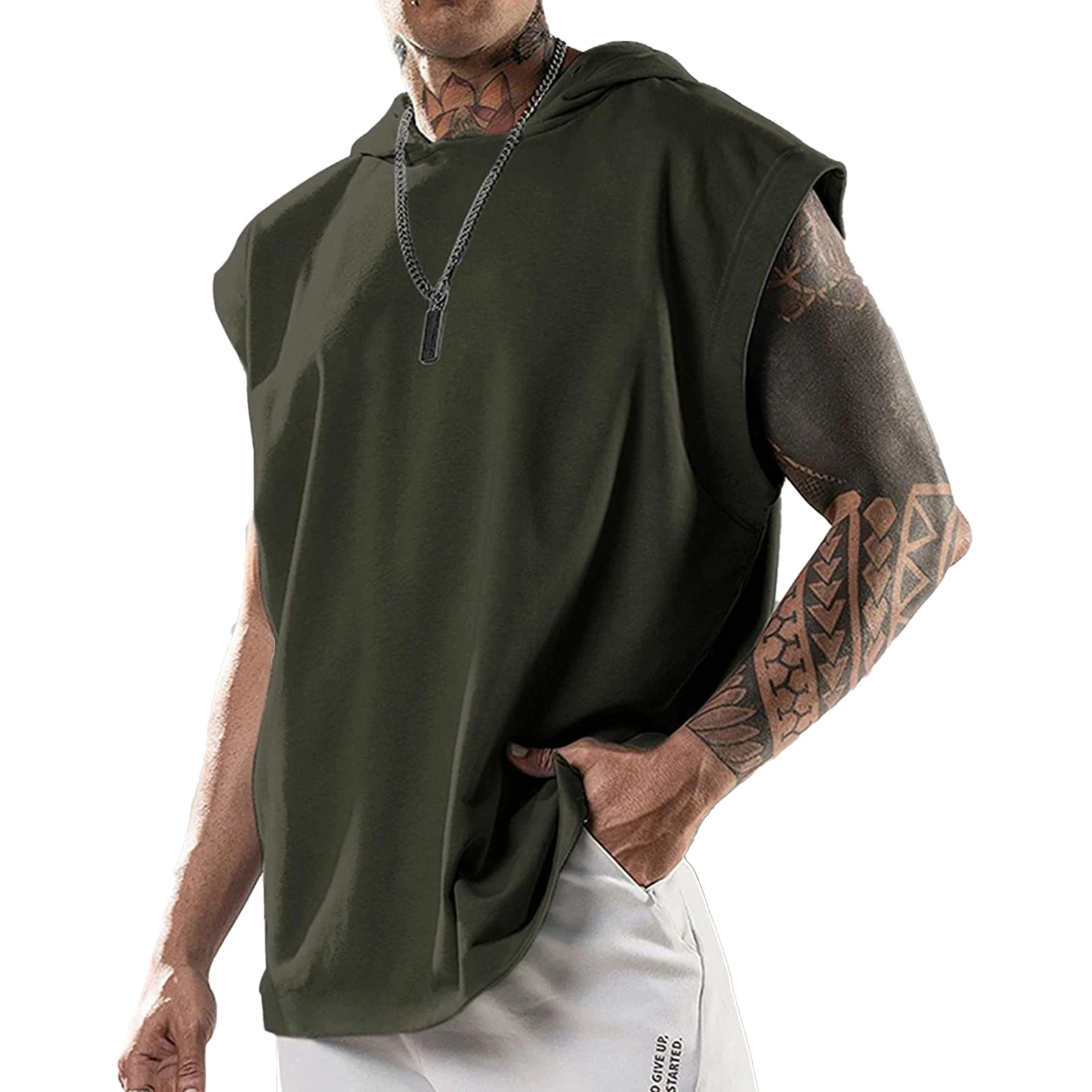 Summer Mens Sleeveless Hooded Tank Top Male Soild Athletic Loose T-shirt for Gym Muscle Bodybuilding Workout Sports Running