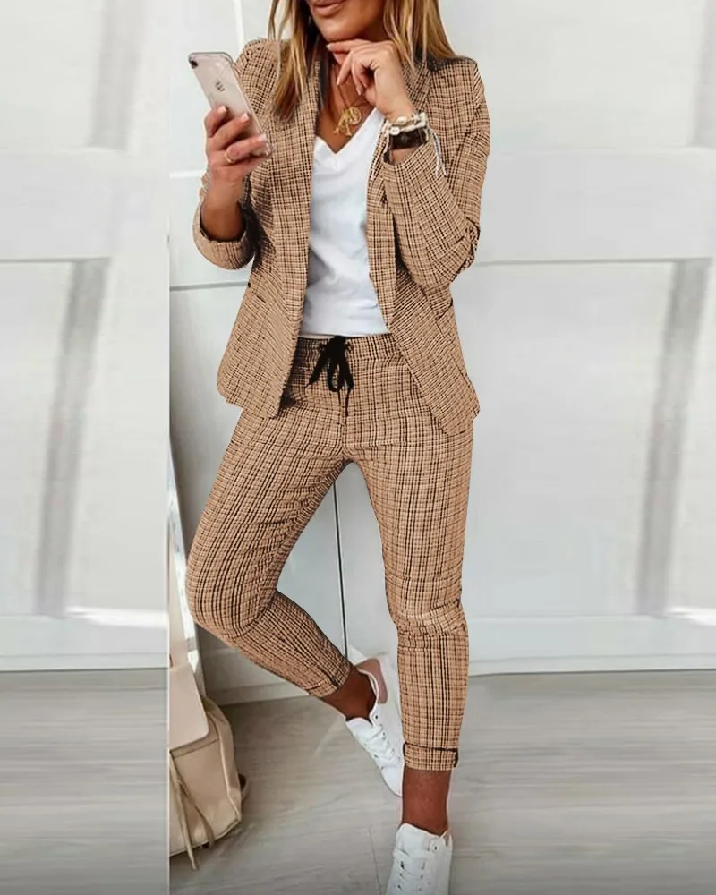 Casual Blazer Plaid Printing Suit Spring Summer New Lapel Single Button Jacket & Drawstring Pants Sets Women's Clothing 2 Piece