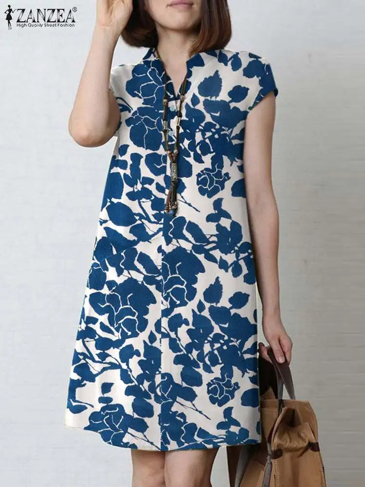 

2023 ZANZEA Summer Vintage Party Sundress Women Bohemian Short Sleeve Beach Dress Casual V Neck Loose Holiday Vestido Robe Femme