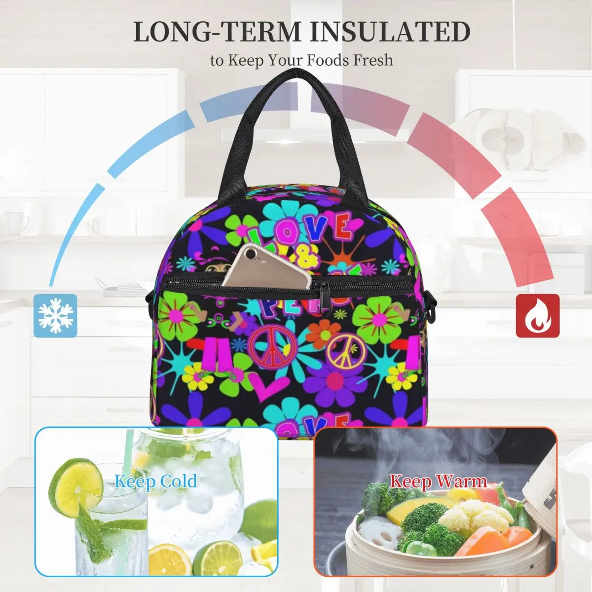 

Peace Colorful 60s Lunch Bag with Handle Hippie Flower Power Love Meal Cooler Bag Wholesale Elegant Cooling Work Thermal Bag