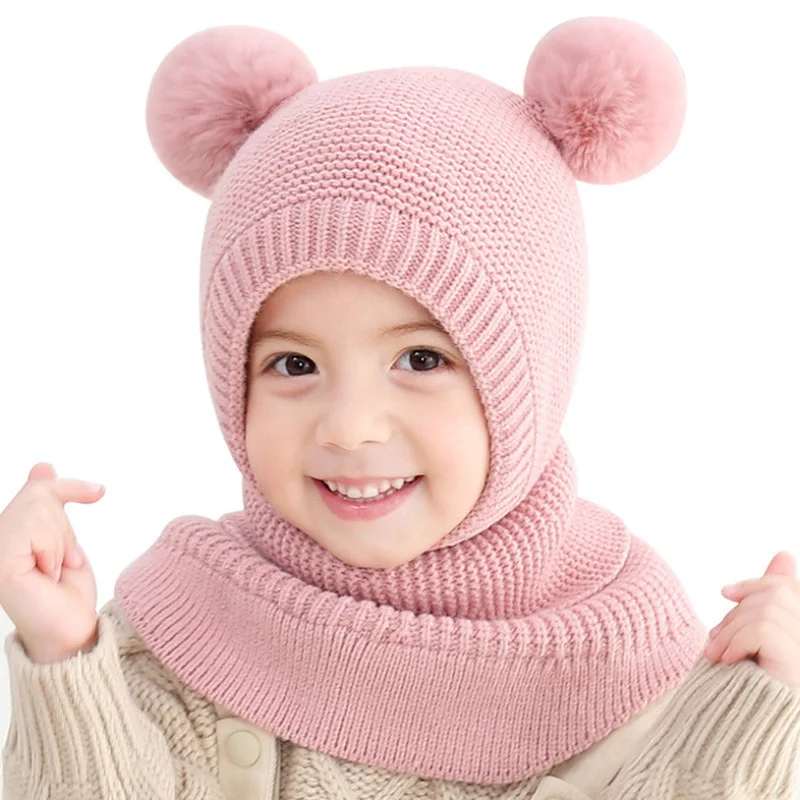 Autumn and Winter 2022 Girls' Korean Double Ball Ear Protection One piece Hat Boys' Knitted Wool Hat One piece Shawl Children's