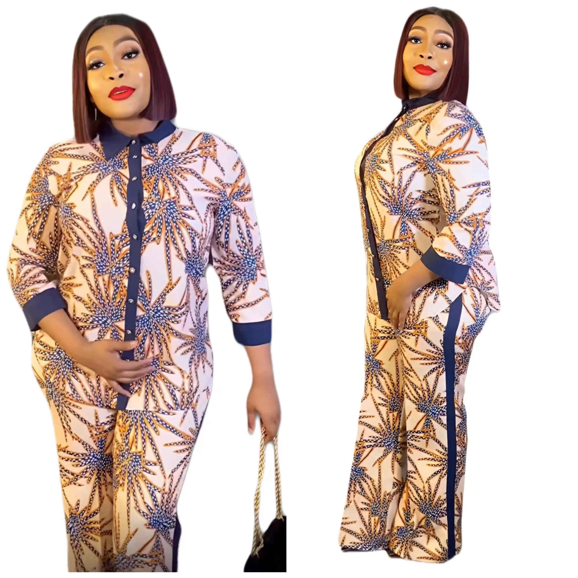2-piece Fashionable Chiffon Summer Printed Shirt with Pants Medium Sleeve Suit  African Dresses for Women