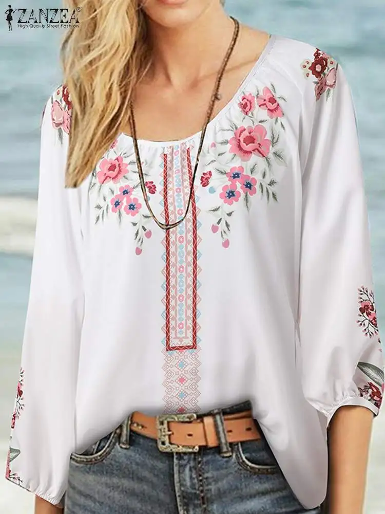 

2022 Summer Blouse ZANZEA Bohemian Women 3/4 Sleeve Tops Vintage Printed Floral Holiday Beach Shirt Chemise Female Casual Blusas