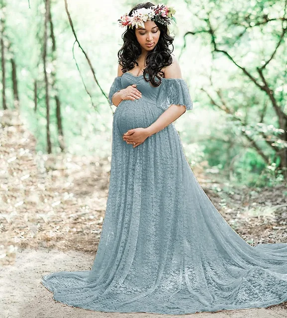 Maternity Photography Props Floral Lace Dress Fancy Pregnancy Gown Off Shoulder Ruffle for Baby Shower Photo Shoot Photoshoot 1