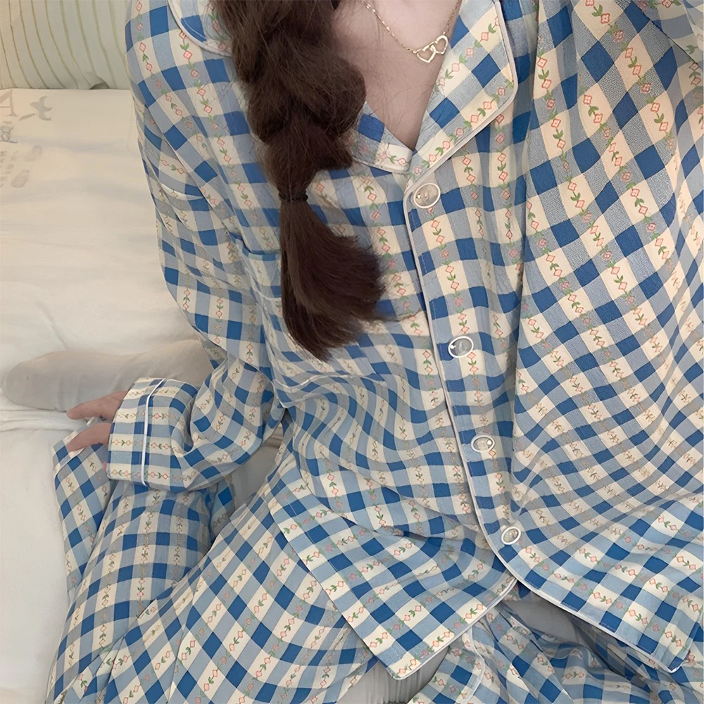 Женский пижамный комплект осенняя синяя клетчатая одежда для сна пижамы с