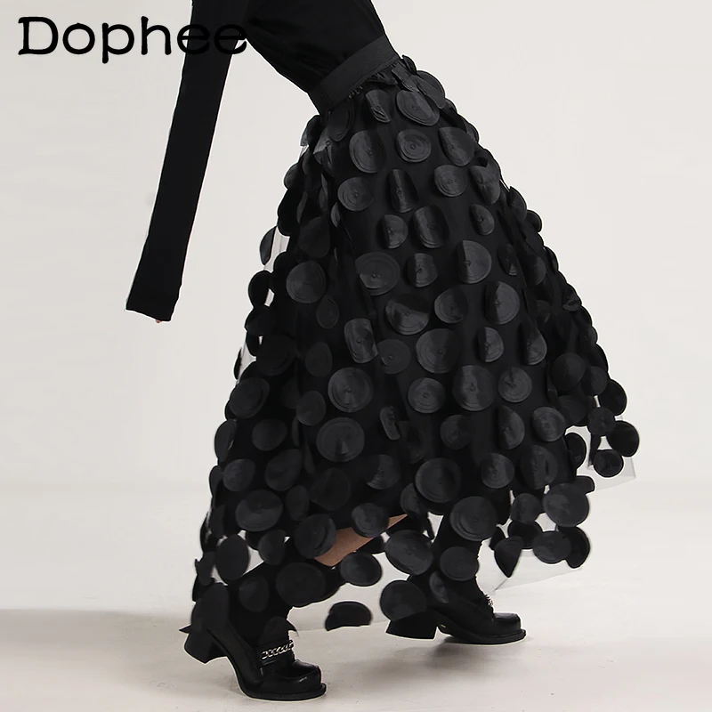 

2022 Spring Summer New Retro A- Line Umbrella Skirt Women's Loose Big Hem Black Skirt High Waist 3D Polka Dot Mesh Long Skirts