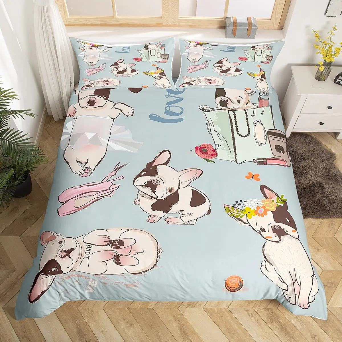 

Cartoon Bulldog King Queen Duvet Cover Shar Pei Pup Dog Bedding Set Lovely Pet Puppy Doggy Quilt Cover Polyester Comforter Cover