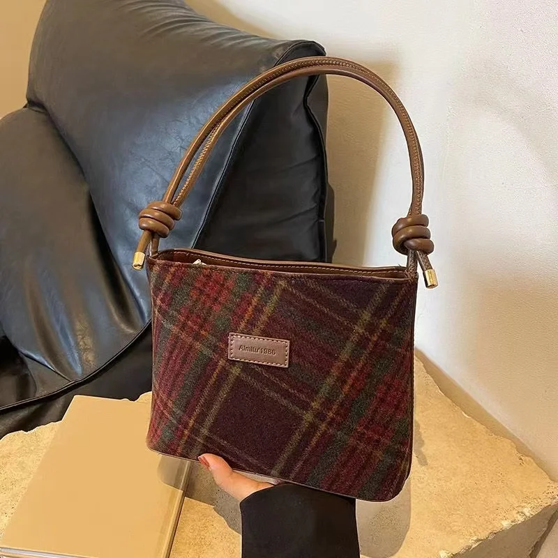 

Satchel Bag Shoulder Bag Handbag Versatile Plaid Style Contrast Color Design 2023 New Collection Woodland Style Vintage Style