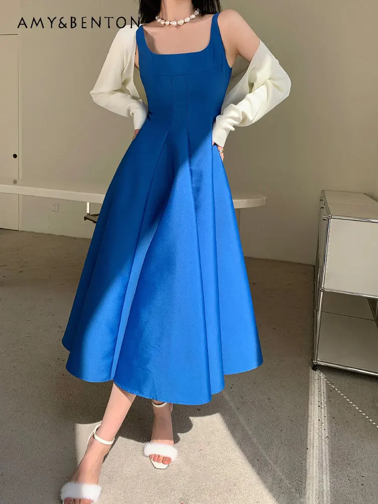 Elegant Blue Long Sleeveless Suspender Dress for Women Summer 2023 New Waist Slimming A- Line Mid-length Umbrella Dress