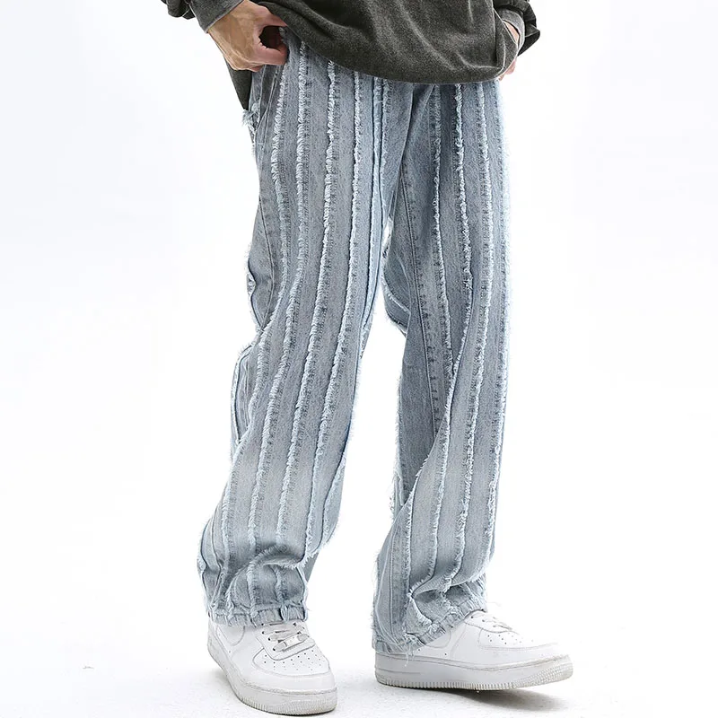 

Gradient Color Striped Frayed Retro Casual Denim Trousers Men and Women Straight Baggy Pockets Ripped Tassel Jeans Pants